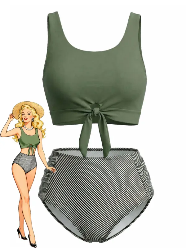 Olive Green 1940s Tie Front High-Waist Tankini Set made by Retro Stage