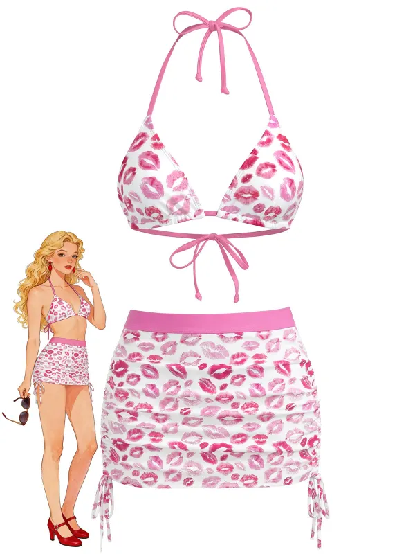 [Pre-Sale] 2PCS Pink 1950s Halter Lip Print Bikini Set & Cover-Up made by Retro Stage