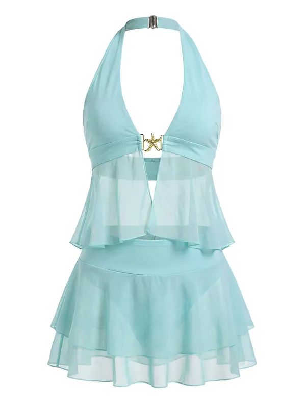 [Pre-Sale] Turquoise 1950s Chiffon Starfish Halter Ruffled Tankini Set made by Retro Stage