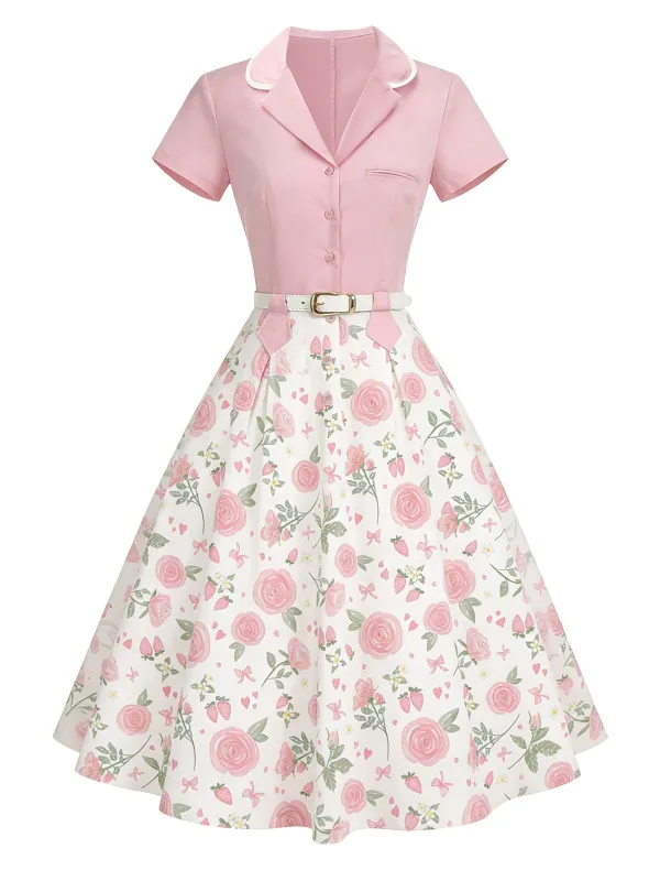 [Pre-Sale] Pink 1950s Rose Lapel Collar Color Block Dress made by Retro Stage