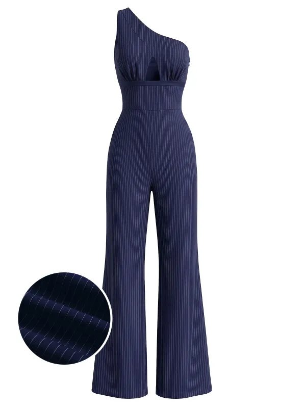 [Pre-Sale] Dark Coffee 1930s Cutout Striped One-Shoulder Jumpsuit made by Retro Stage