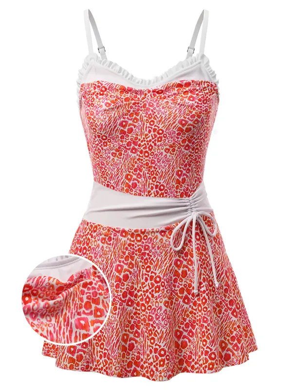 [Pre-Sale] 2PCS Red 1950s Neon Leopard One-Piece Swimsuit & Cover-Up made by Retro Stage