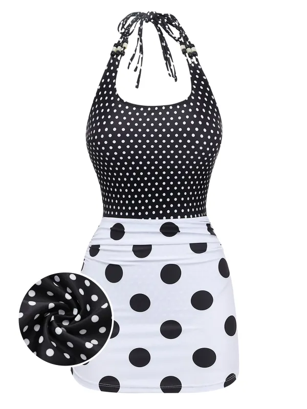 [Pre-Sale] 2PCS Black & White 1960s Beaded Halter Polka Dot Swimsuit made by Retro Stage