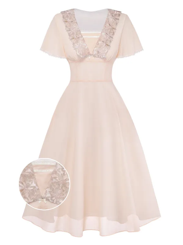 [Pre-Sale] Champagne 1950s Lace Chiffon Ruffle Sleeve Evening Dress made by Retro Stage