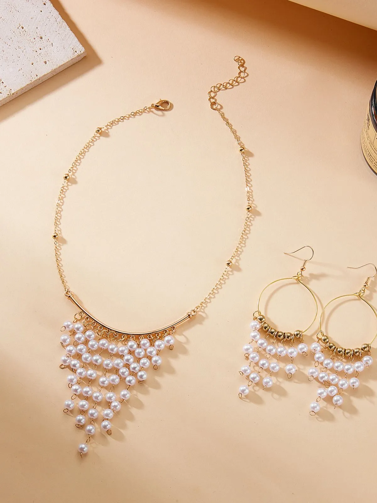 White Bohemian Pearl Tassel Necklace & Earrings Set sold by Retro Stage product image thumbnail 4