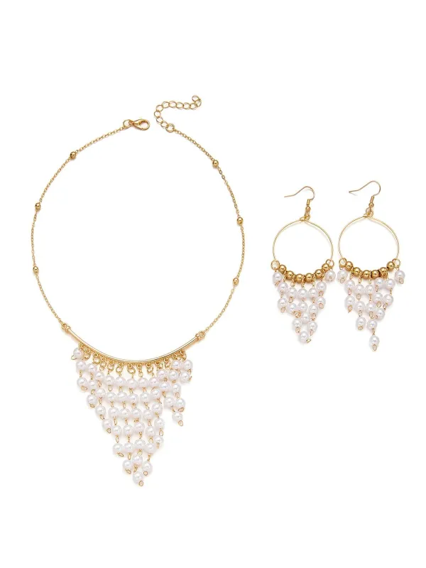White Bohemian Pearl Tassel Necklace & Earrings Set made by Retro Stage