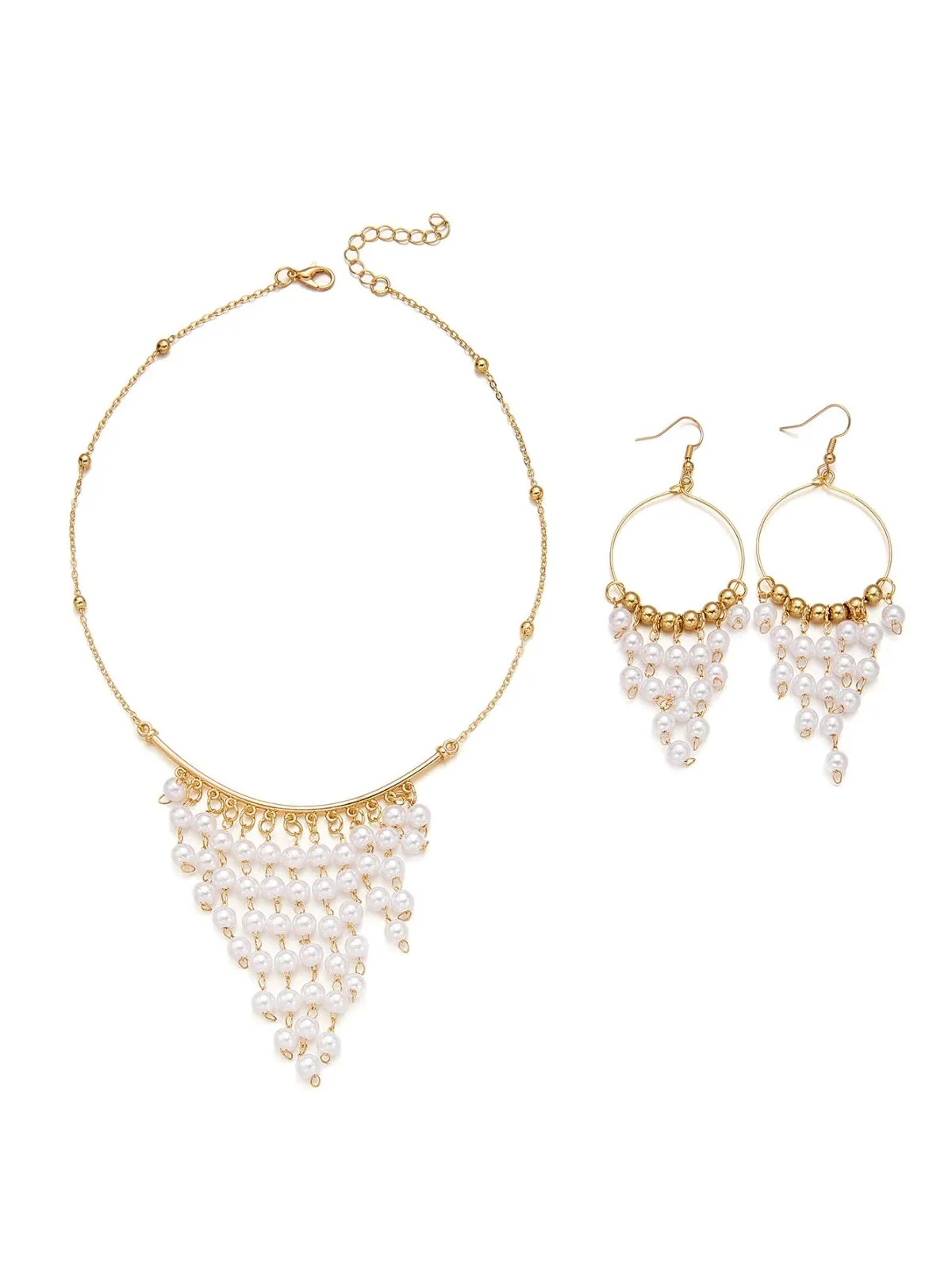 White Bohemian Pearl Tassel Necklace & Earrings Set sold by Retro Stage