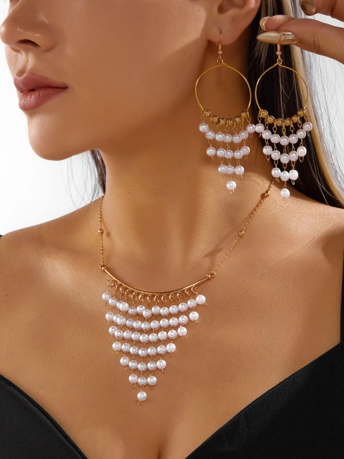 White Bohemian Pearl Tassel Necklace & Earrings Set sold by Retro Stage product image thumbnail 2