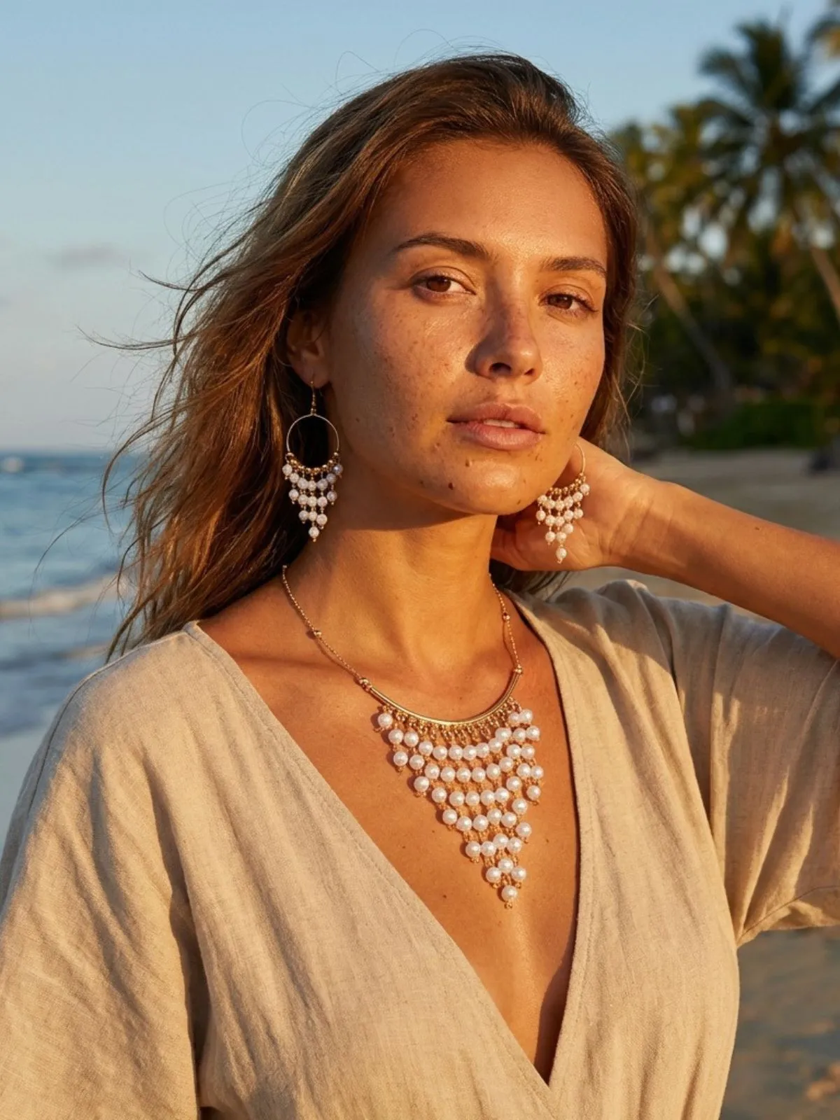 White Bohemian Pearl Tassel Necklace & Earrings Set sold by Retro Stage product image thumbnail 3