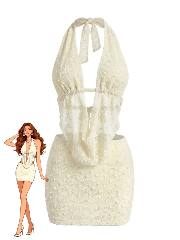 2PCS Beige 2000s Halter Backless Tie Skirt Set made by Retro Stage