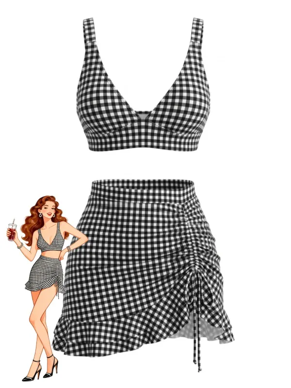 3PCS 1950s Ruffled Hem Plaid Drawstring Tankini Set made by Retro Stage