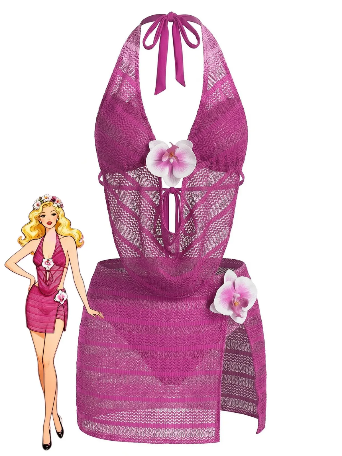 Rose Red 1950s Halter Cutout Bikini Set & Cover-Up sold by Retro Stage