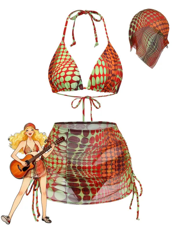 Orange 1960s Psychedelic Polka Dot Mesh Bikini Set made by Retro Stage