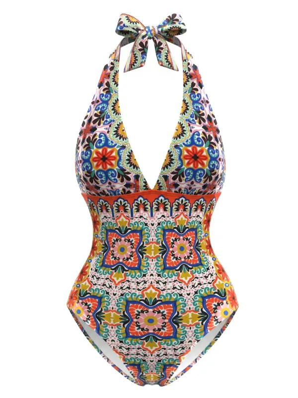 Multicolor 1930s Mediterranean Print Halter One-Piece Swimsuit made by Retro Stage