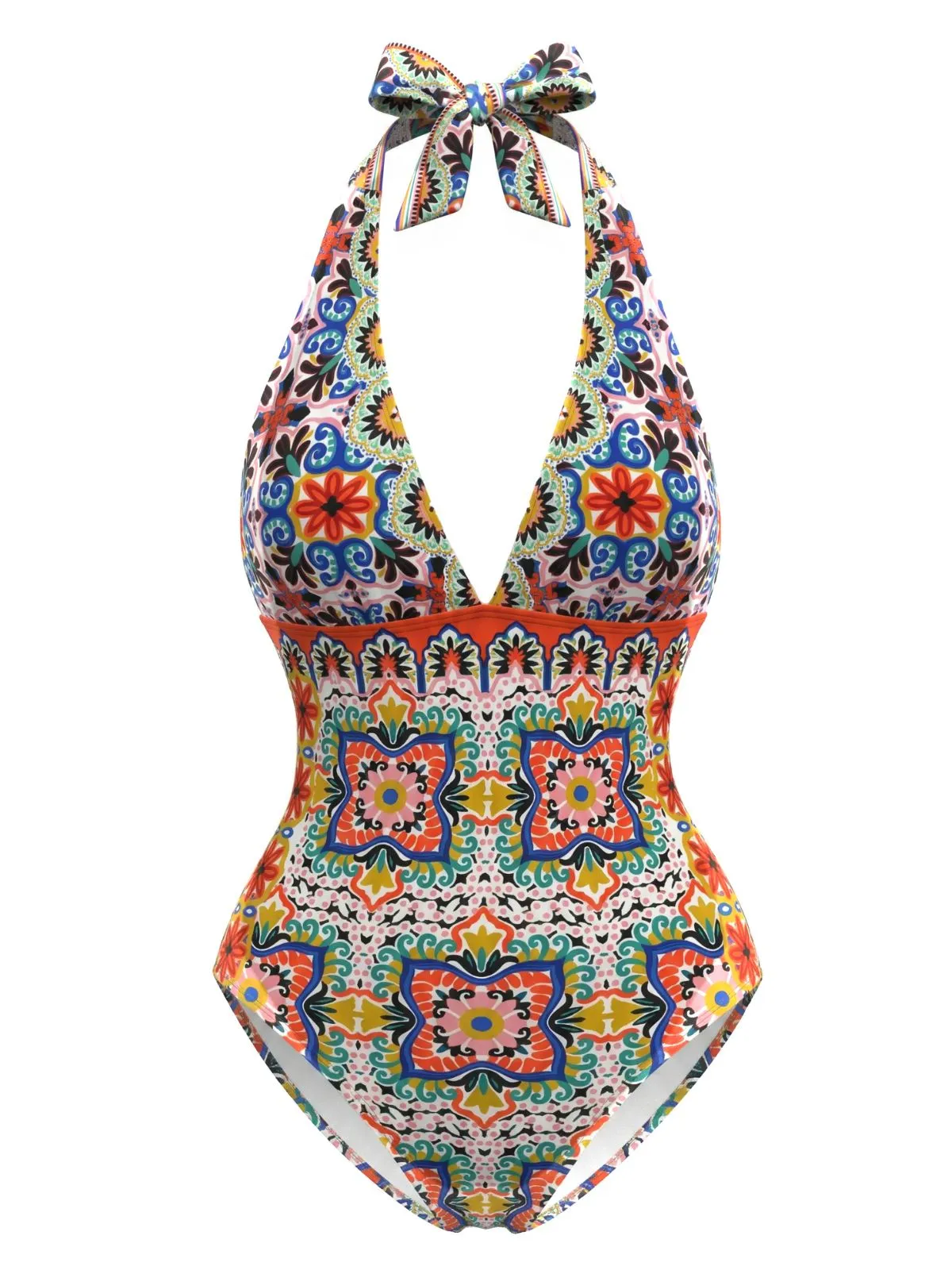 Multicolor 1930s Mediterranean Print Halter One-Piece Swimsuit sold by Retro Stage