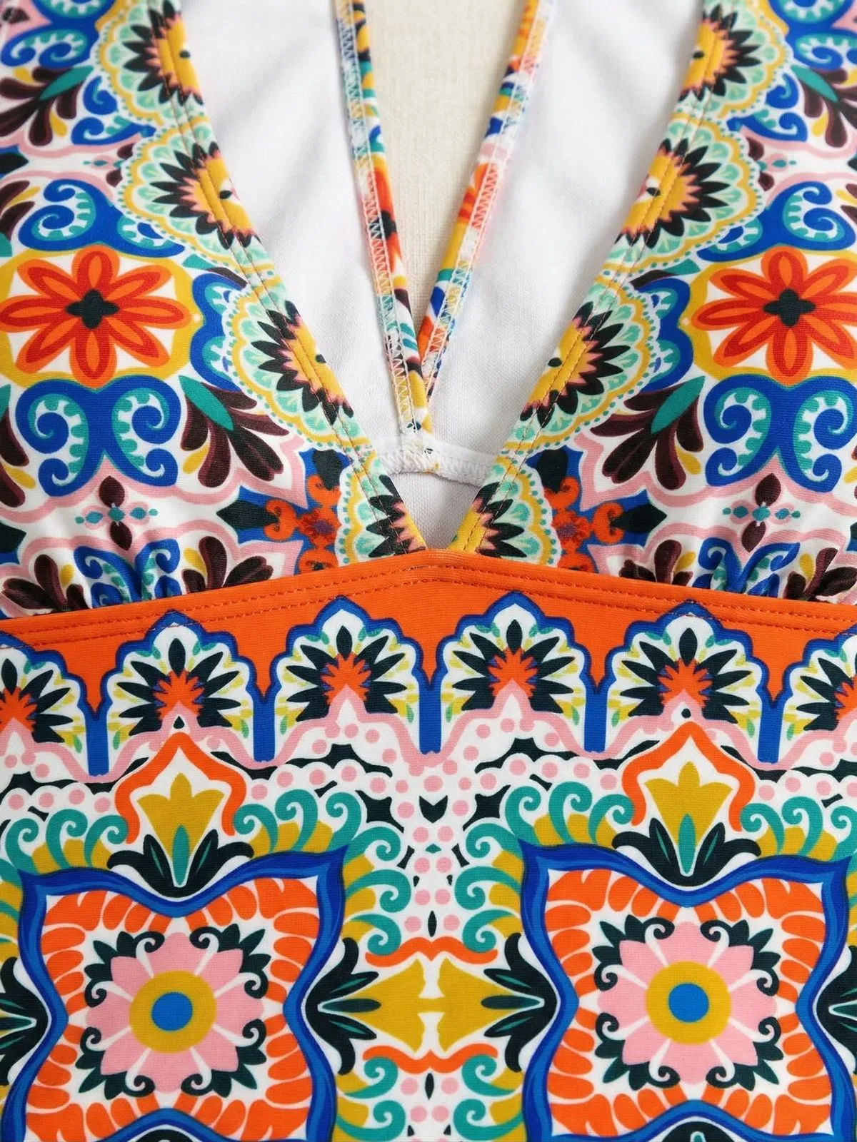 Multicolor 1930s Mediterranean Print Halter One-Piece Swimsuit sold by Retro Stage product image thumbnail 3