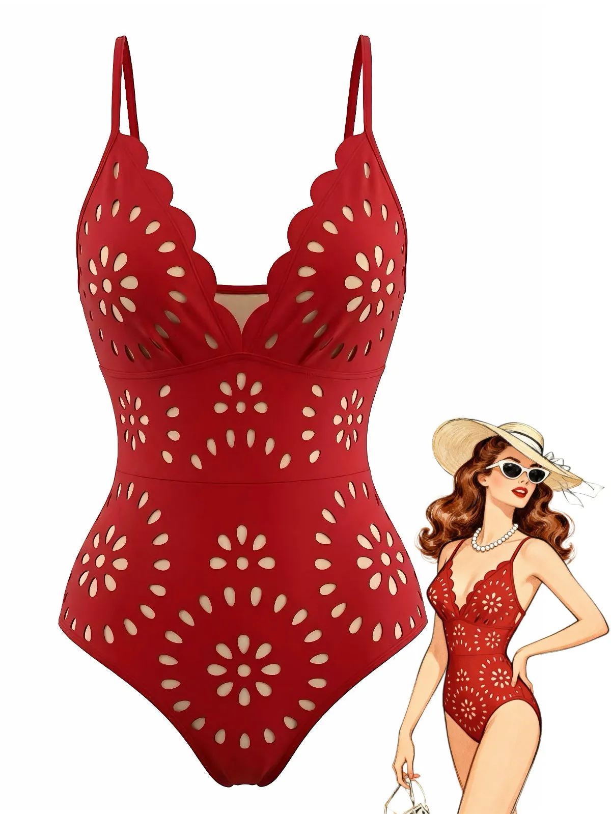 Red 1950s Solid Burnout Petal Collar Swimsuit sold by Retro Stage