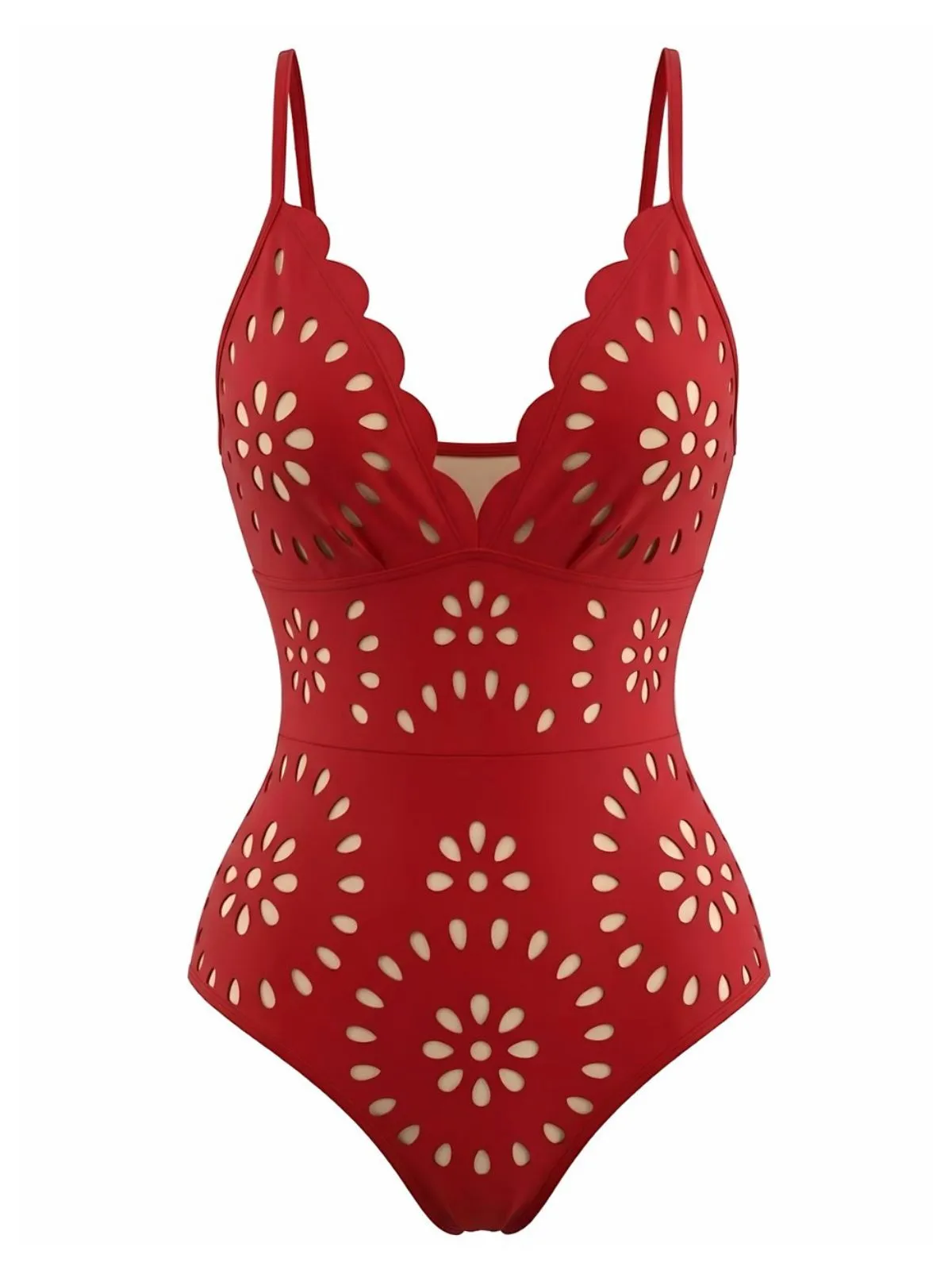 Red 1950s Solid Burnout Petal Collar Swimsuit sold by Retro Stage product image thumbnail 2