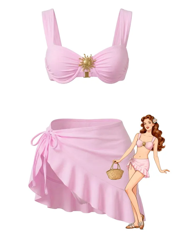 3PCS 1950s Solid Metal Sun Chain Accent Bikini Set & Cover-Up made by Retro Stage