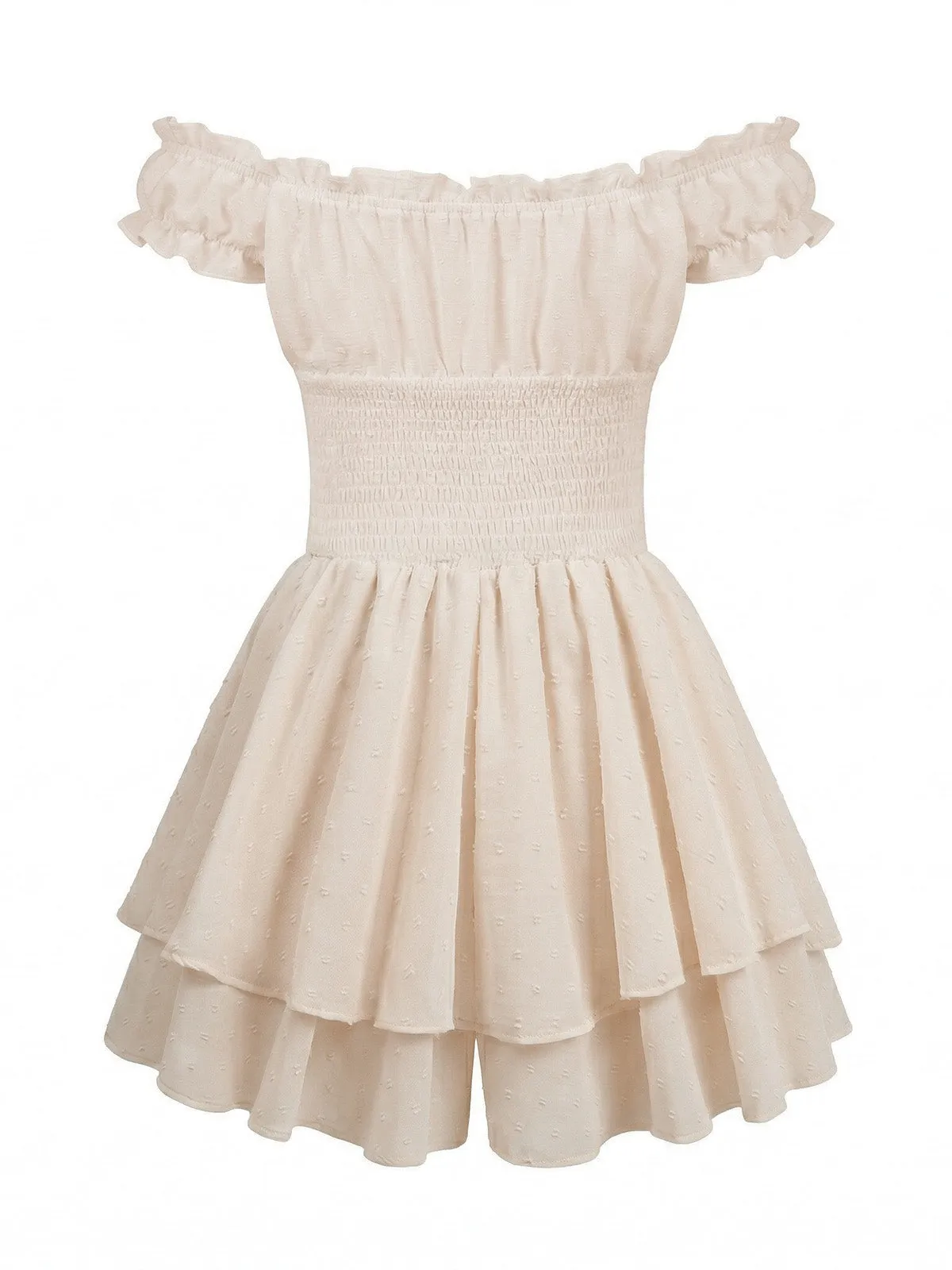 Beige 1950s Off-Shoulder Smocked Tiered Ruffle Romper sold by Retro Stage product image thumbnail 3