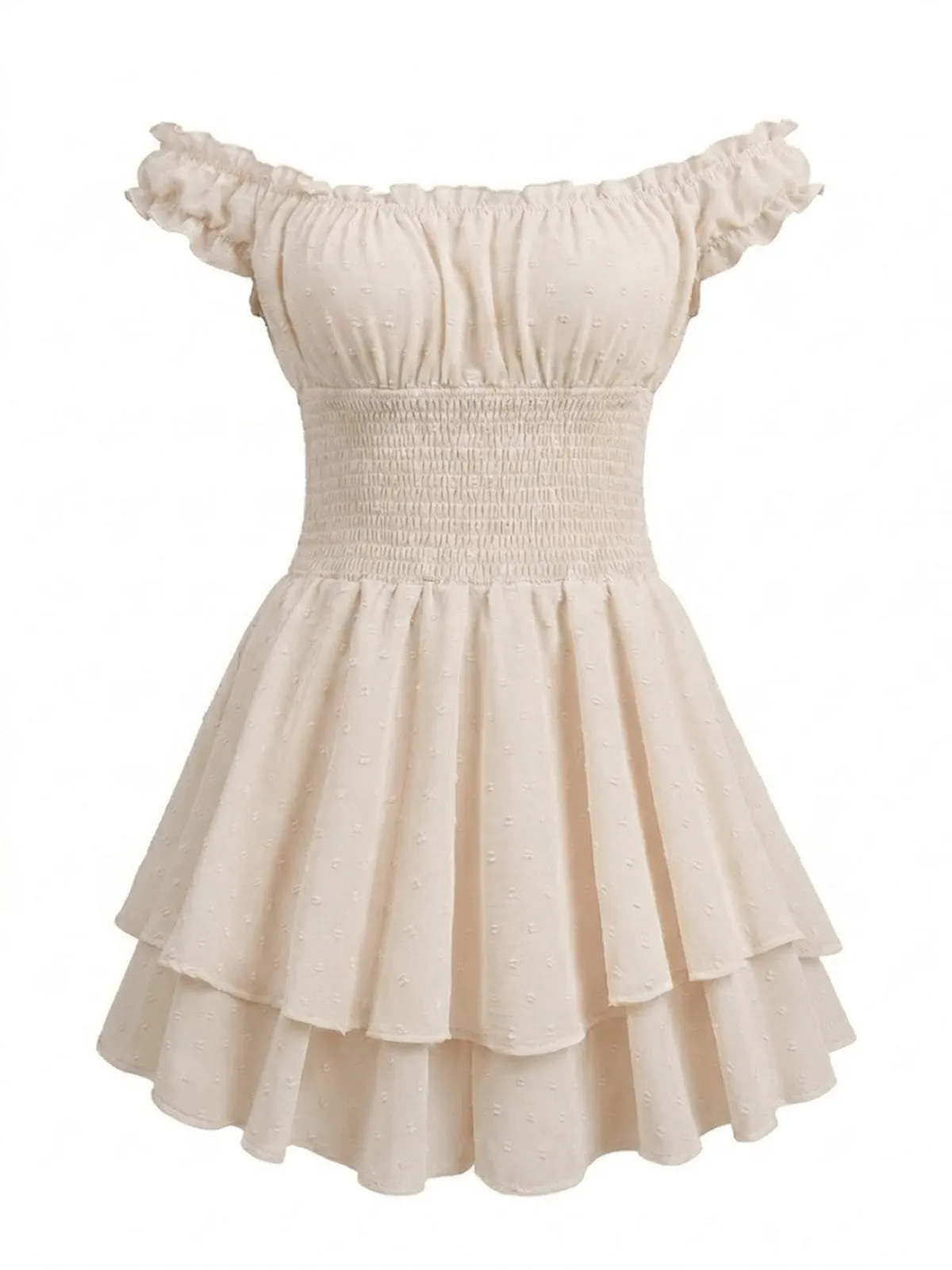Beige 1950s Off-Shoulder Smocked Tiered Ruffle Romper sold by Retro Stage product image thumbnail 2