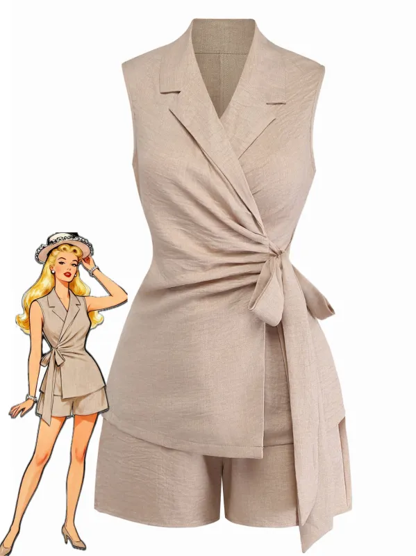 Beige 1960s Solid Suit Vest & Shorts Set made by Retro Stage