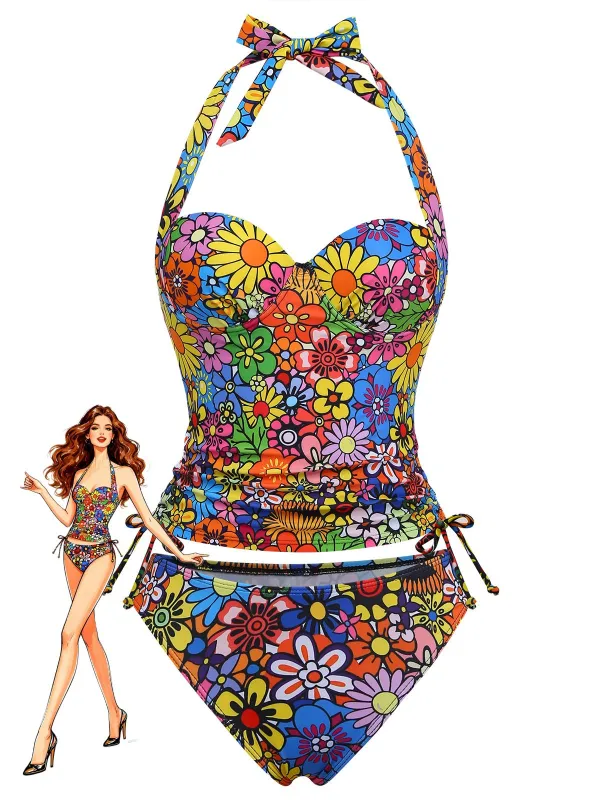 2000s Daisy Halter Colourful Tankini Set made by Retro Stage