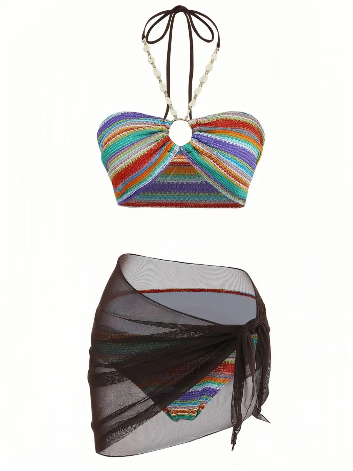 3PCS Multicolor 1970s Halter Rainbow Stripes Shell-Strap Bikini Set sold by Retro Stage product image thumbnail 2