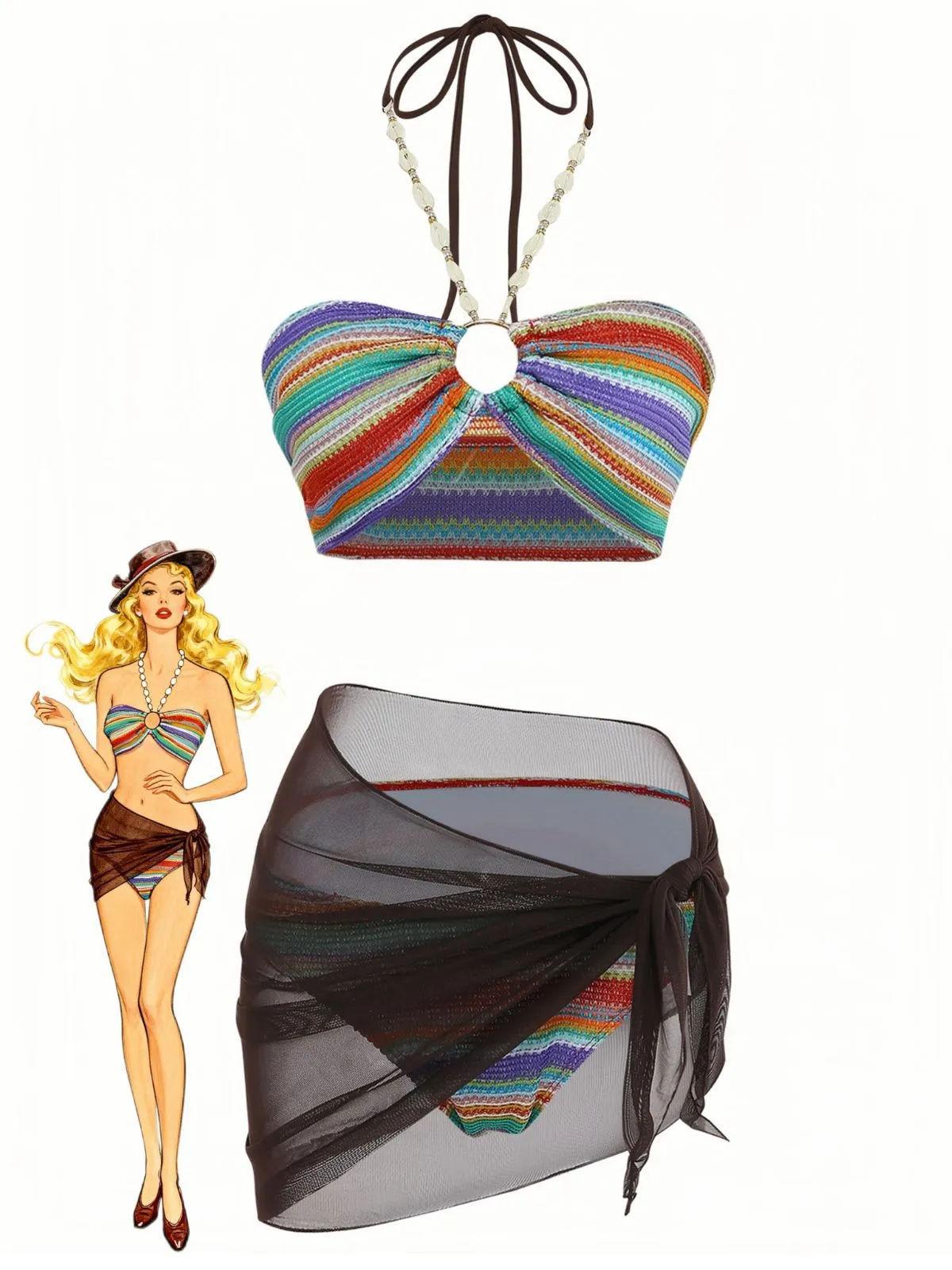 3PCS Multicolor 1970s Halter Rainbow Stripes Shell-Strap Bikini Set sold by Retro Stage