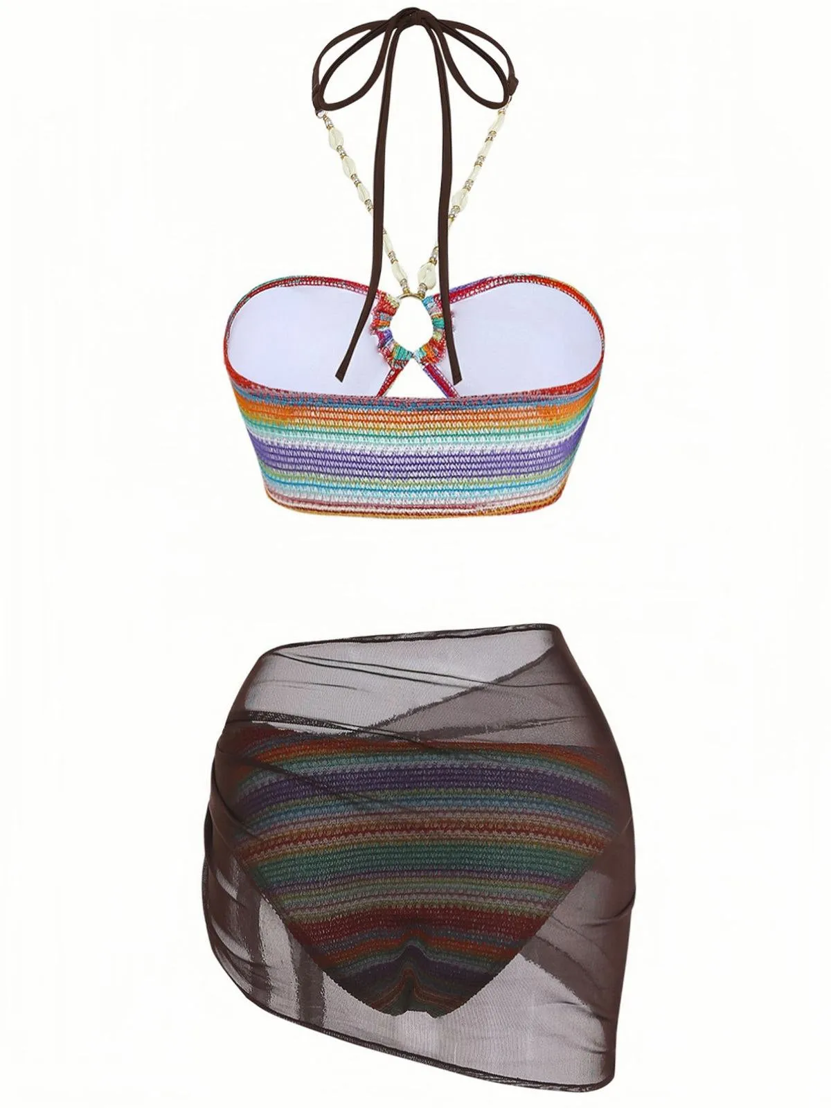 3PCS Multicolor 1970s Halter Rainbow Stripes Shell-Strap Bikini Set sold by Retro Stage product image thumbnail 3