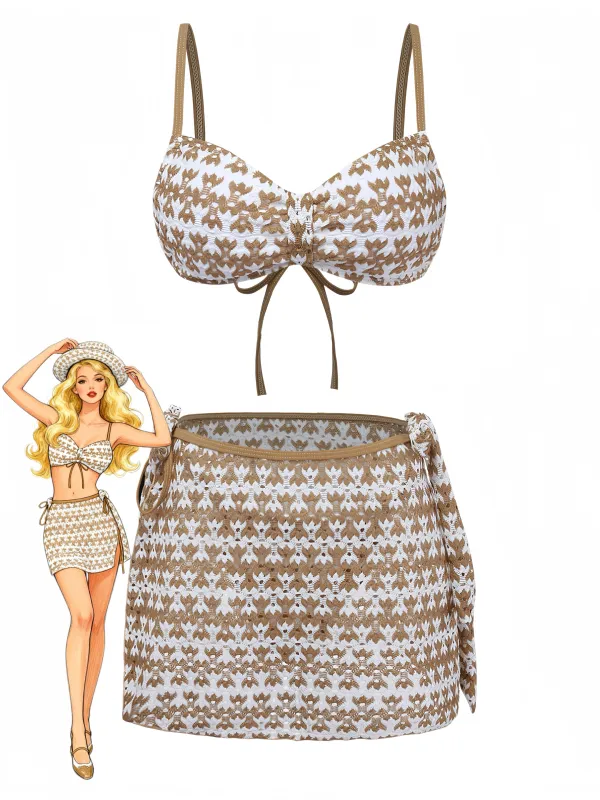 3PCS Khaki 1950s Crochet Hollow Bikini Set & Cover Up made by Retro Stage