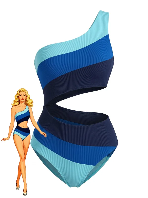 Blue 1940s One-Shoulder Striped Colorblock One-Piece Swimsuit made by Retro Stage