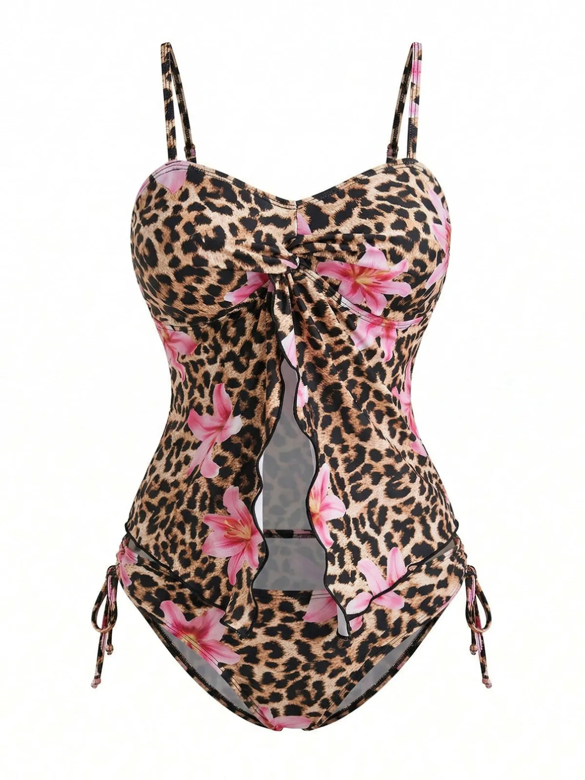 Brown 1940s Leopard Floral Print Front Cutout Tankini Set sold by Retro Stage product image thumbnail 2