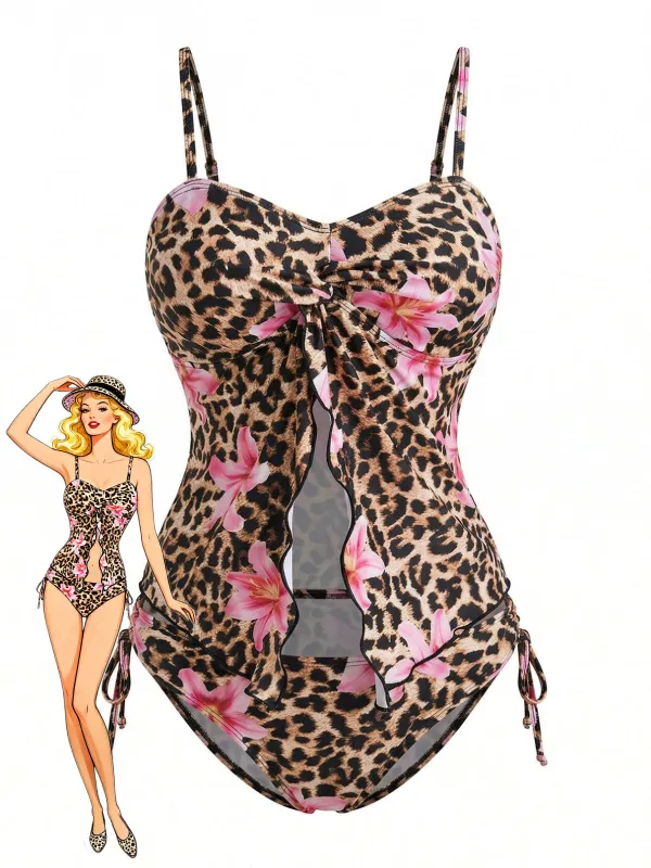 Brown 1940s Leopard Floral Print Front Cutout Tankini Set made by Retro Stage