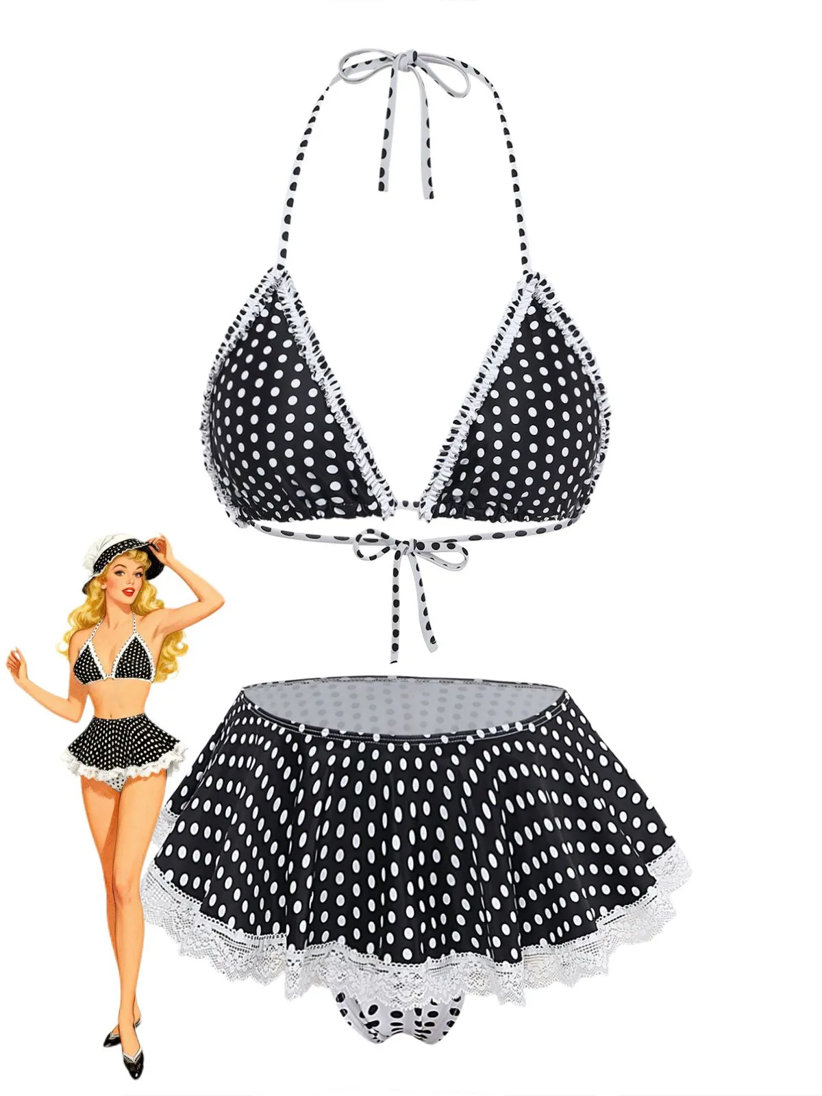 Black 1960s Polka Dot Lace Halter Bikini Set sold by Retro Stage