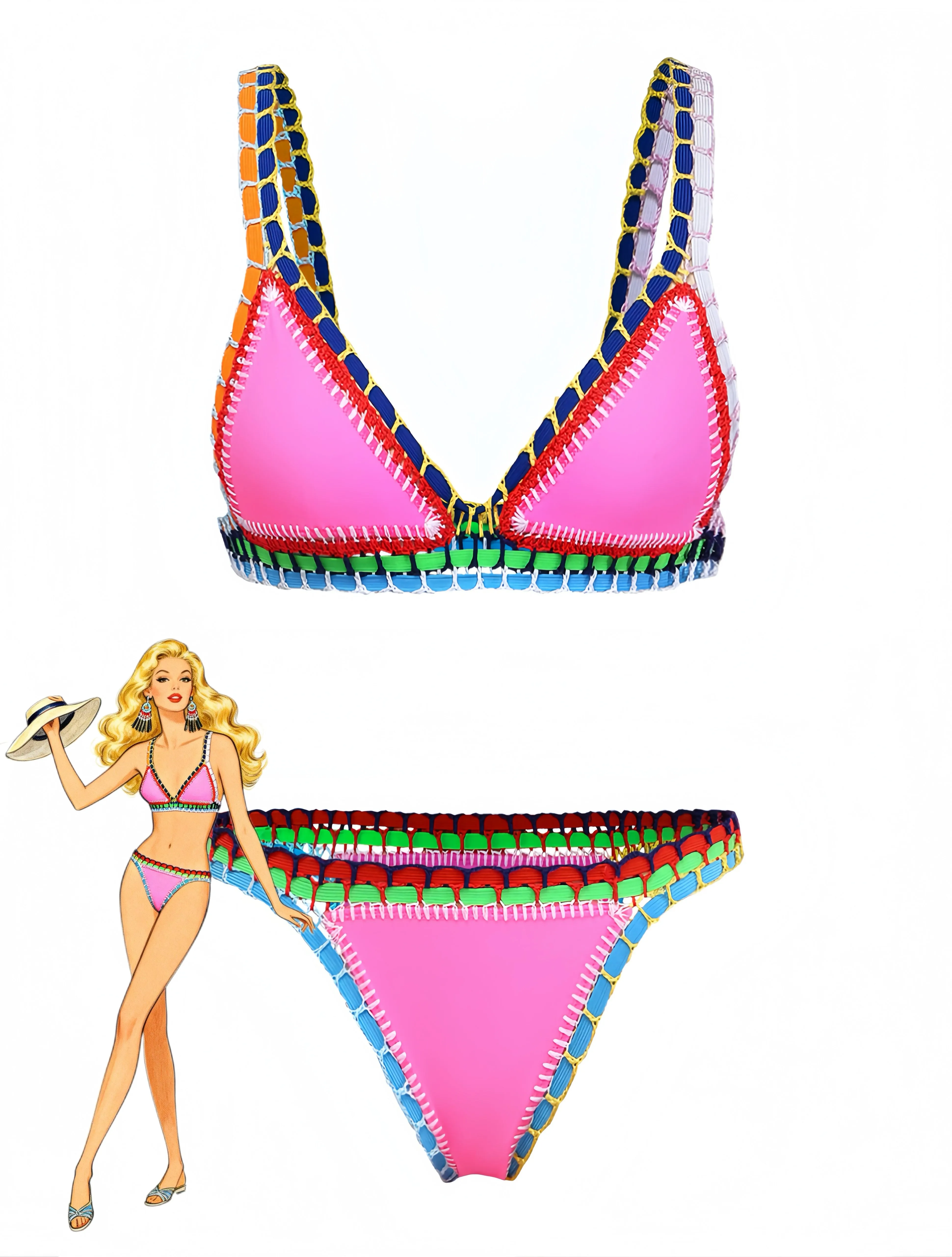 Pink 1980s Knitted Colorful Ribbons Bikini Set sold by Retro Stage