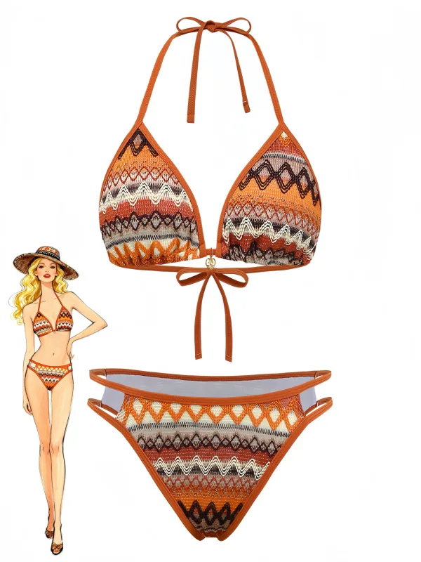 1970s Boho Geometric Knit Halter Bikini Set made by Retro Stage