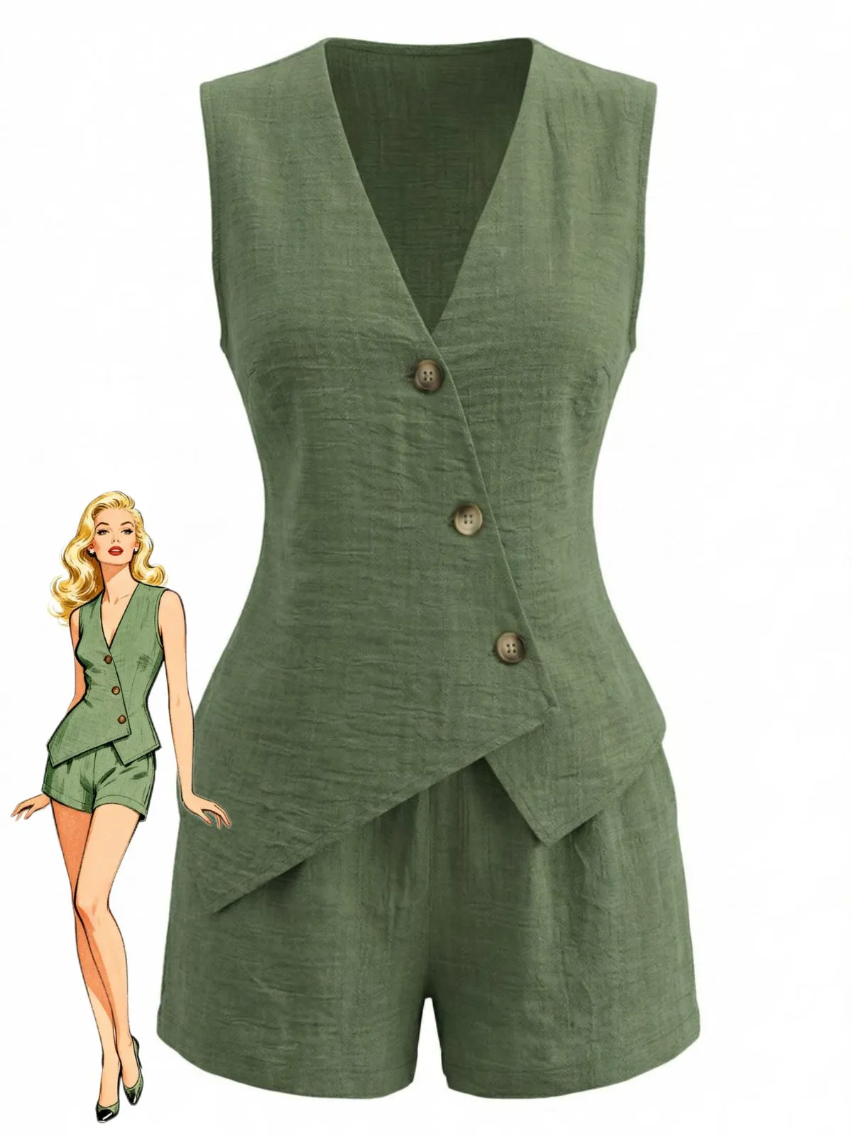1940s V-Neck Lace-Up Vest & Shorts Set sold by Retro Stage