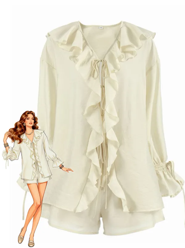 2PCS Beige 1940s Ruffle Lace-up Cardigan & Shorts Set made by Retro Stage