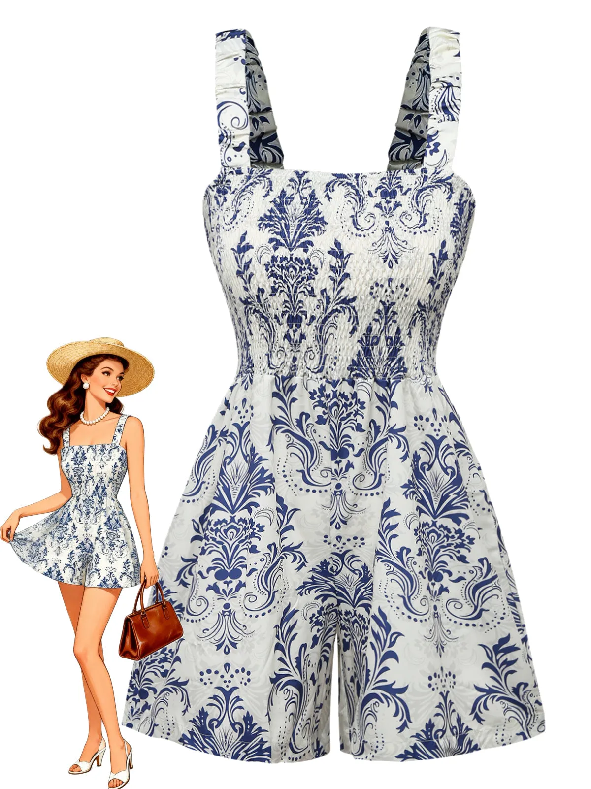 Blue 1970s Baroque Smocked Suspender Romper sold by Retro Stage