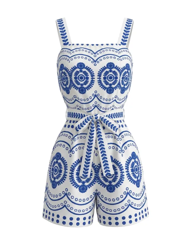 Blue 1930s Holiday Positioning Print Belted Romper made by Retro Stage