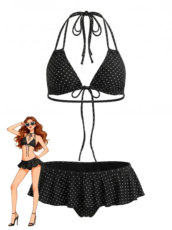 Black 1950s Ruffle Lace-Up Polka Dot Bikini Set made by Retro Stage