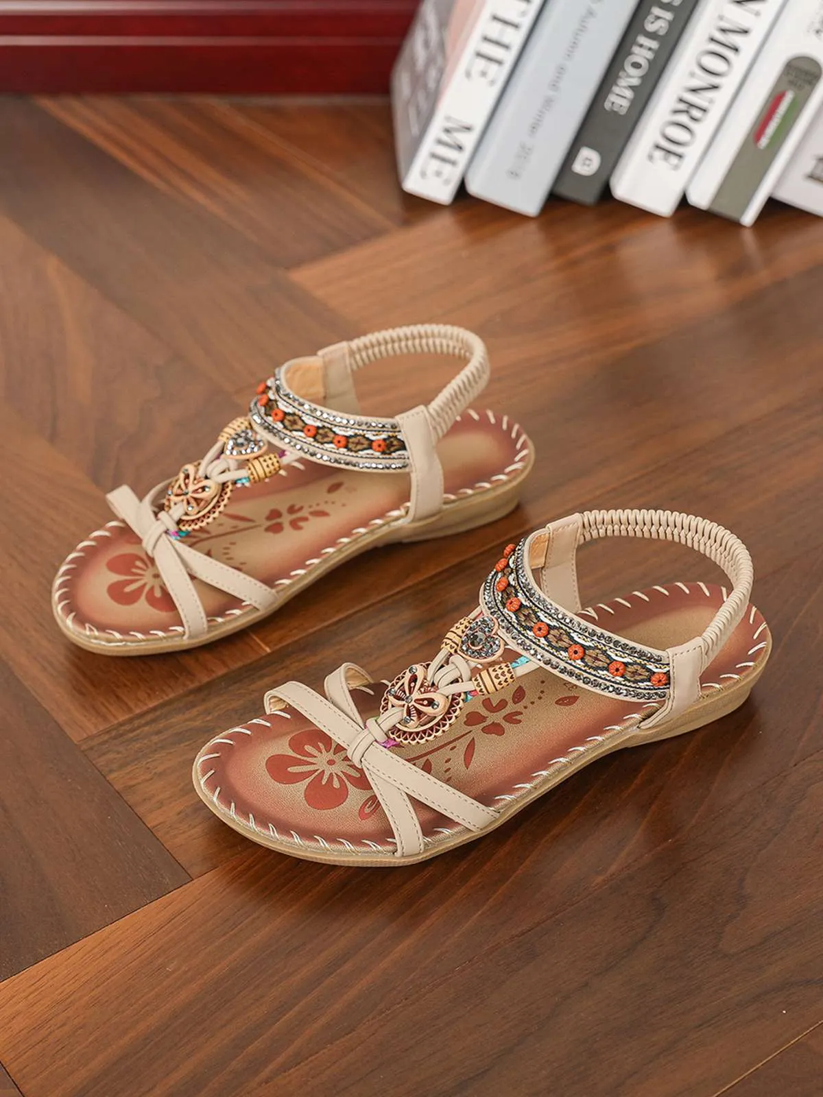 Boho Butterfly Heart Beaded Rhinestone Flat Sandals sold by Retro Stage product image thumbnail 5