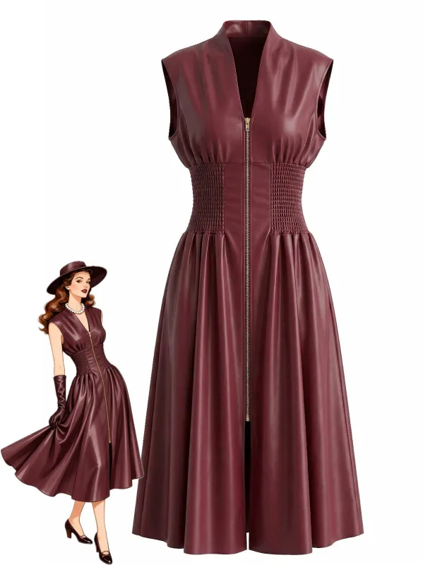 Burgundy 1940s Faux Leather Cap Sleeve Waisted Dress made by Retro Stage