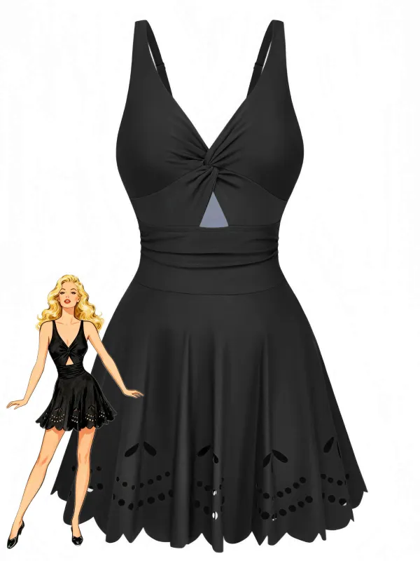 1930s Solid Twist Front Hollow One-Piece Swimdress made by Retro Stage