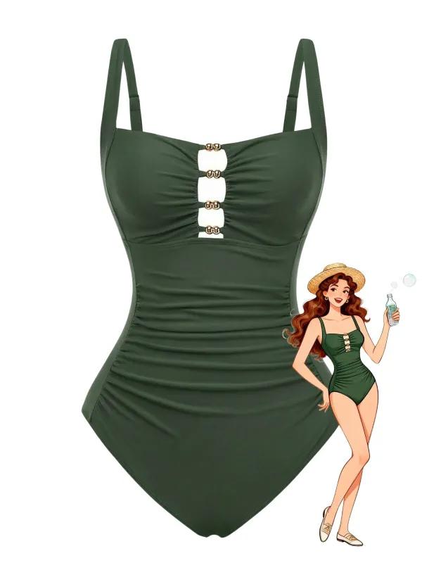 1950s Ruched Cutout Tummy Control One-Piece Swimsuit made by Retro Stage