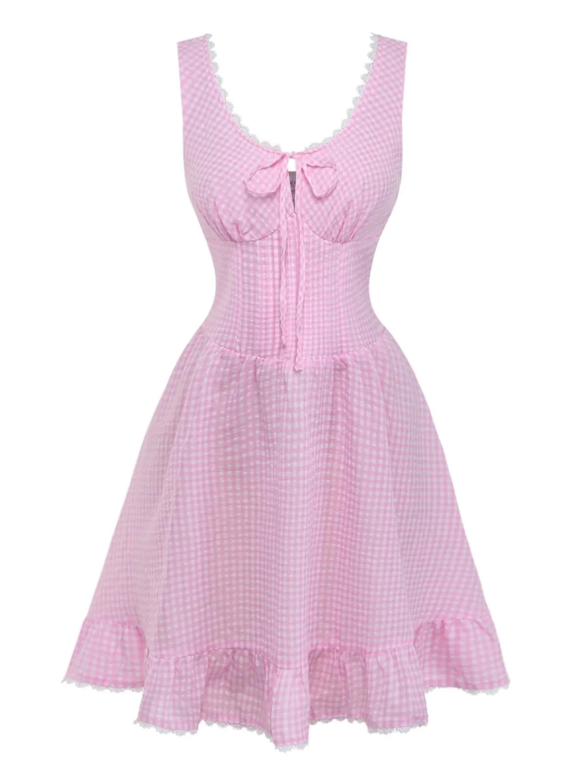 Pink 1960s Bow Lace Gingham Lace-up Dress sold by Retro Stage product image thumbnail 2