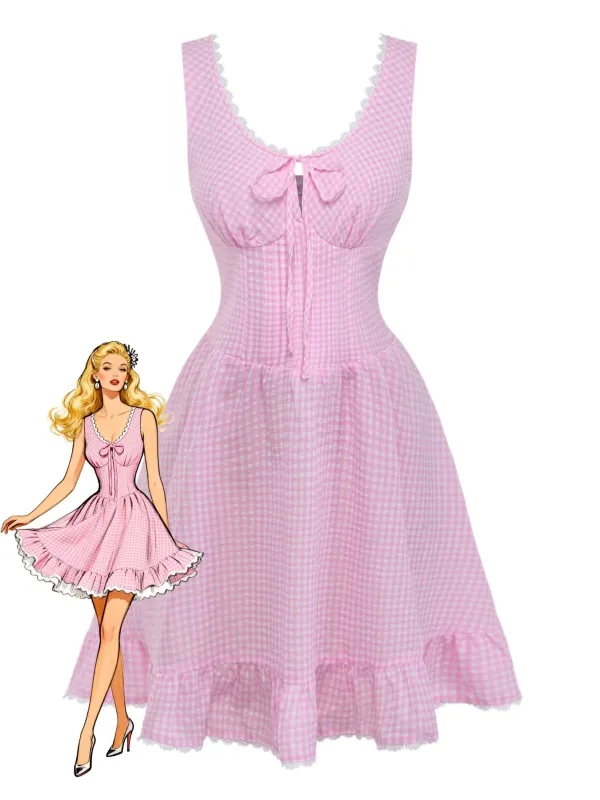 Pink 1960s Bow Lace Gingham Lace-up Dress made by Retro Stage