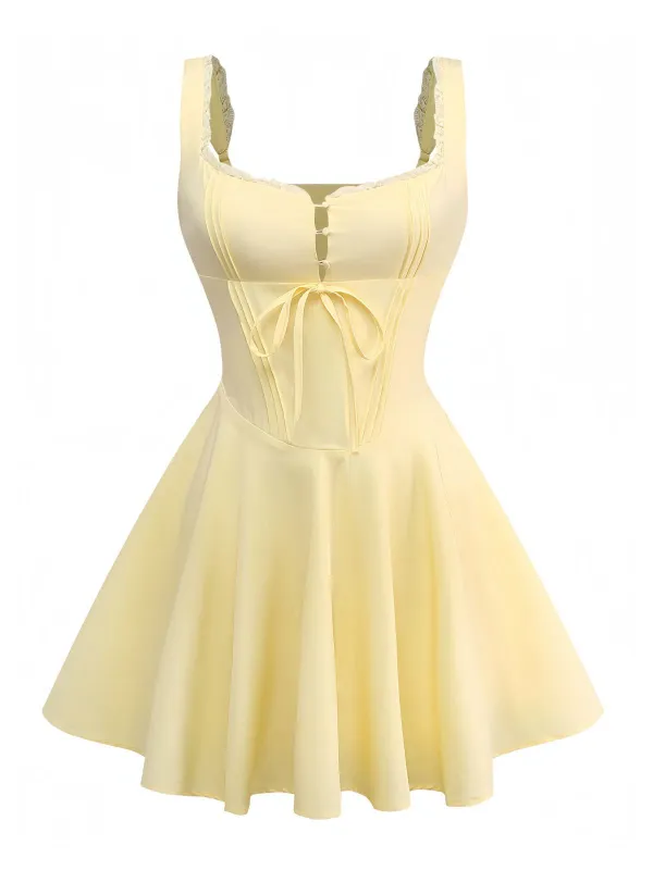 [Pre-Sale] Yellow 1960s Solid Lace Straps Lace-Up Skater Dress made by Retro Stage