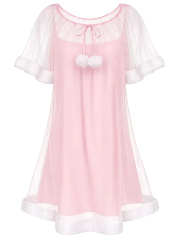 [Pre-Sale] Pink 1940s Ruffle Sleeve Plush Trim Tulle Nightgown made by Retro Stage